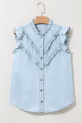Mazie Mineral Wash Cap Sleeve Frilled Button Up Denim Shirt